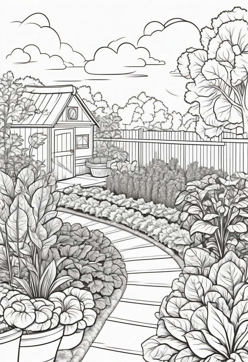 coloring page for kids, Vegetable garden with various plants, cartoon style, thick lines