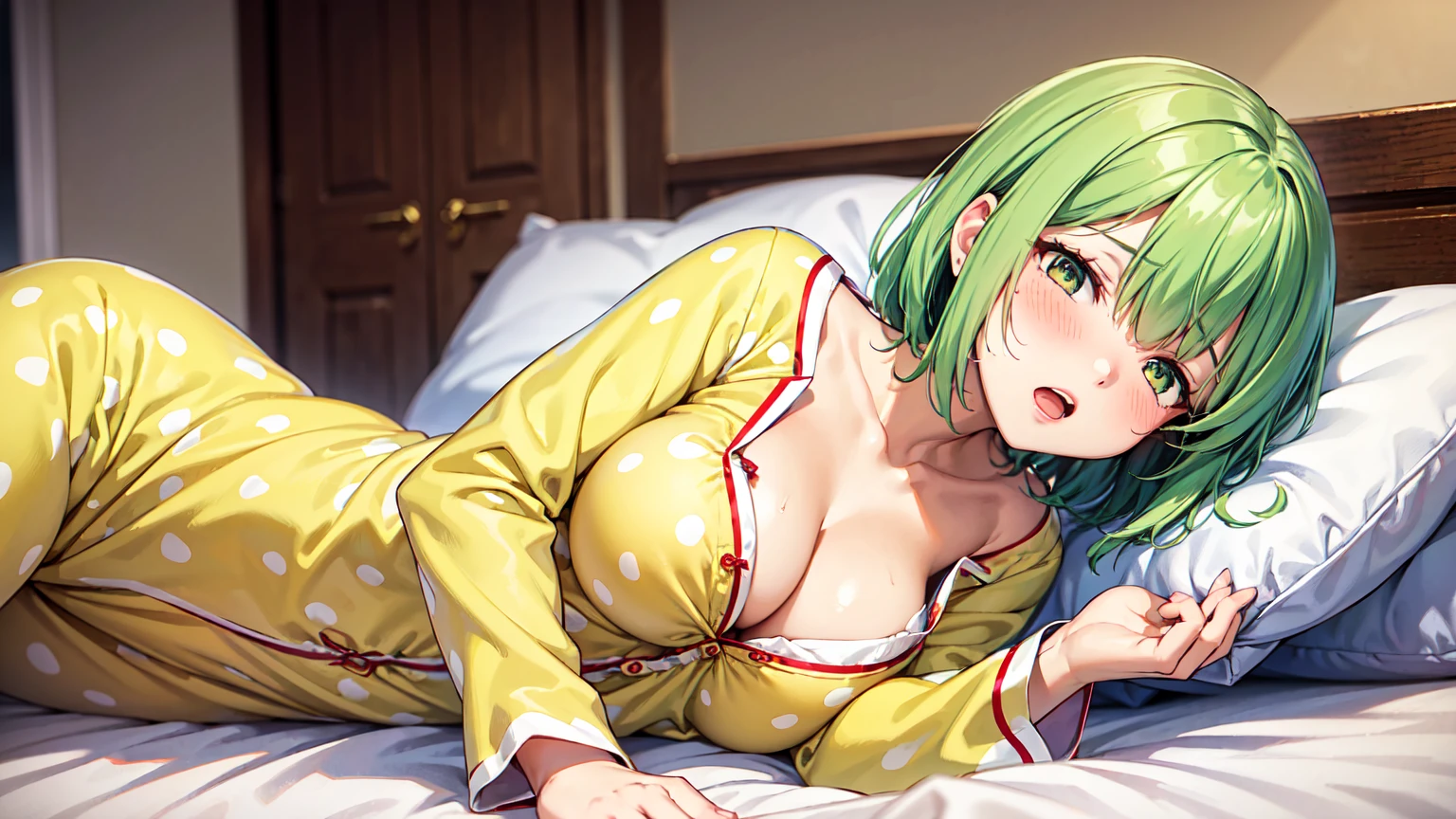 1girl, solo, indoors, on bed, lying, sleeping face, pillow, ((cloled-eyes)), half-open mouth, blush, breasts, large breasts, cleavage, yellow pajamas, Polka-dot patterned nightgown, medium hair, lime green hair, dark skin,