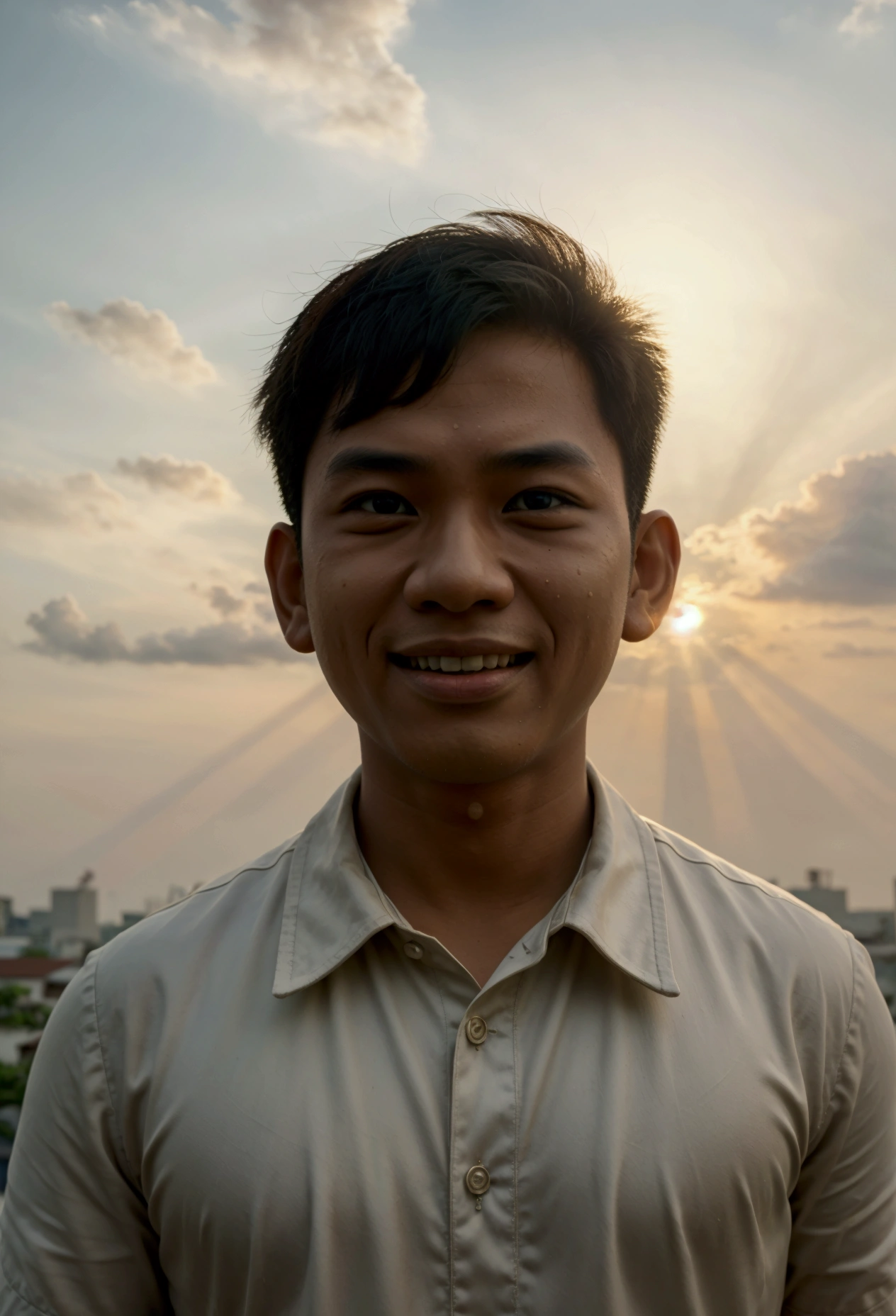 masterpiece, best quality, movie still, 1 malay boy in songkok, cloud boy, floating in the sky, close-up, bright, happy, warm soft lighting, sunset, (sparks:0.7)