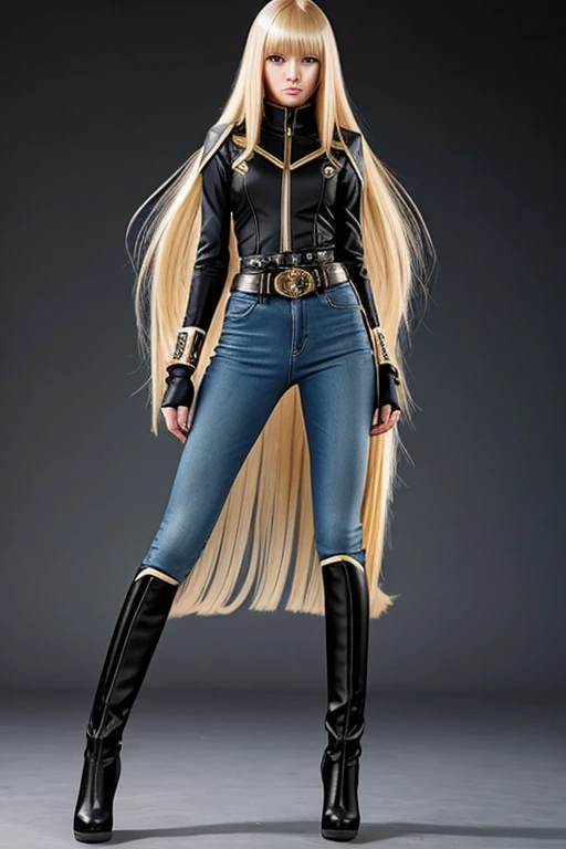 Anime style female character inspired by vintage space opera aesthetics, with elongated facial features, 165 cm tall, having blond, waist-length, wavy hair with V bangs, and blue eyes. She is wearing tight skinny jeans with high boots over them, adding an equestrian touch to her ensemble. The character's design reflects a blend of space opera elements and a realistic body proportion, highlighting her strong yet feminine presence.