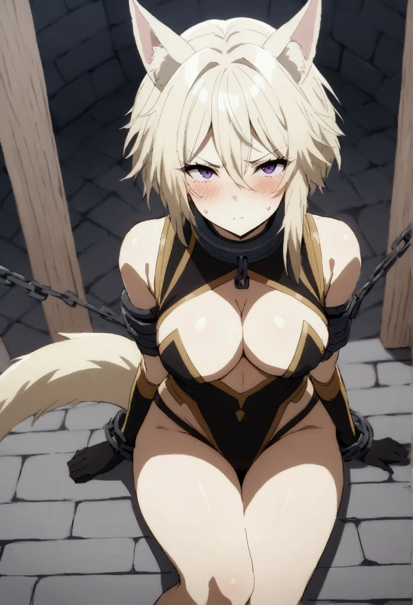 NSFW,masterpiece,Highest quality,High resolution,Very detailed,Zeta\(I want to be a powerful figure behind the scenes!\),Zeta,Animal ears、Purple Eyes、Blonde,short hair,gloves、Cleavage、tail、黒いgloves、Clothing cutouts、Cleavageの切り抜き,Clothes with holes,Torn clothes,Iron Collar,Both arms are chained,Raise your arms,Glare,Angry face,blush,prison,Cobblestones,Sitting,Leg spread,Being caught,(Sexual training)