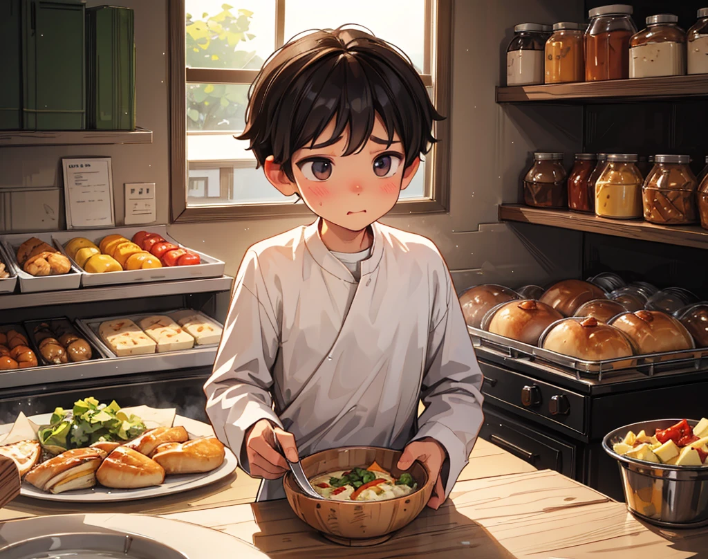 "Villager ( boy) feels hungry, holding his stomach and looking for food."