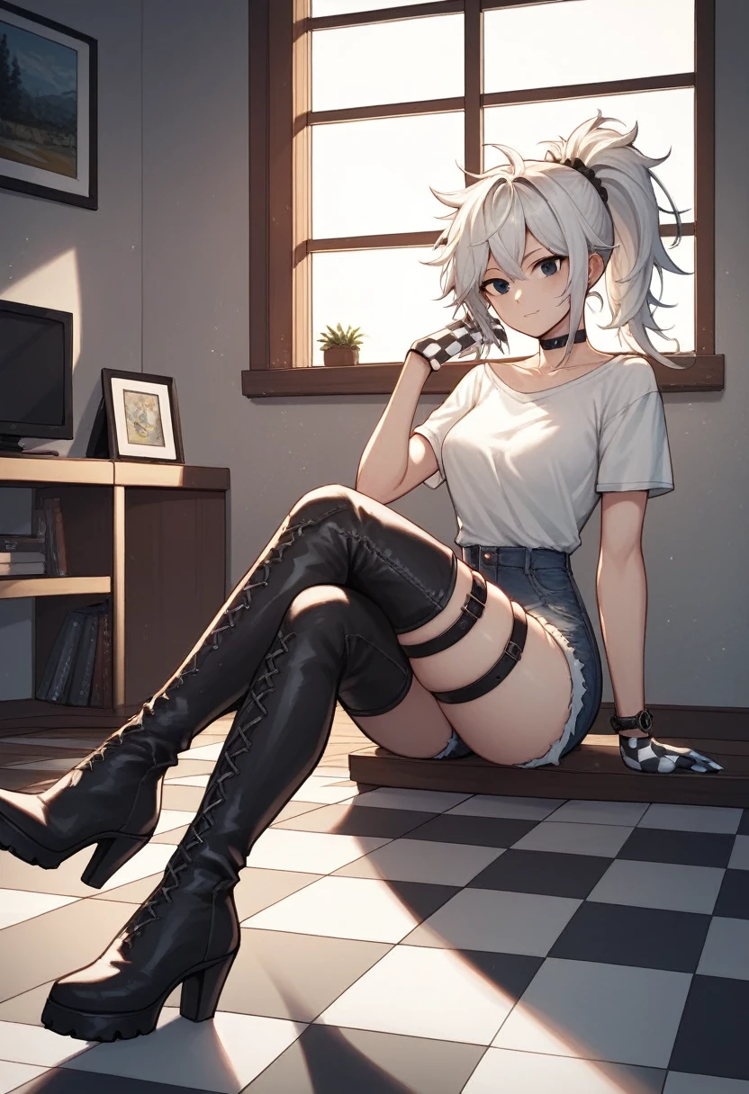 score_9, score_8_up, score_7_up, score_6_up, score_5_up, score_4_up, source_anime, 1 girl, white hair, ponytail, black eyes, crossed legs, messy hair, white shirt, jeans shorts, leather, bracelet, checkered gloves, thigh high boots, emotion, evening, hip strap, watch windows, sitting floor, pictures, rooms, chocker, best quality, best res, 4K UHD,