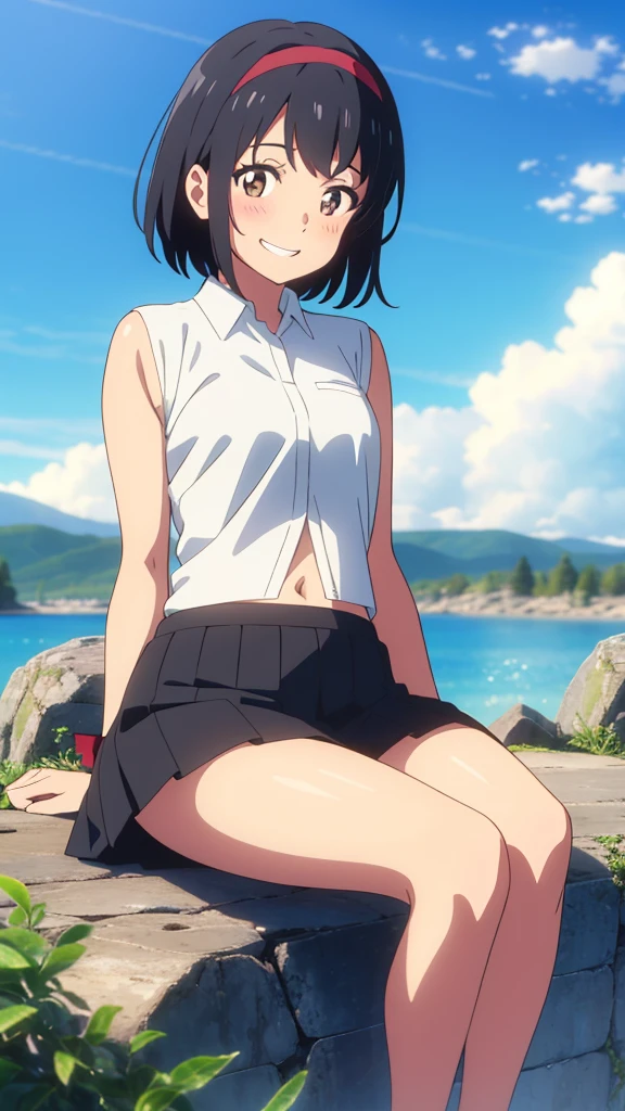 shinkai makoto, kimi no na wa., 1girl, bangs, black hair, blush, expressive eyes, brown eyes, perfect face, looking at the viewer, white shirt, exposed navel, bare shoulders, red headband, red bow, black skirt, short hair, solo, outdoors, shinny skin, smile, cute, grin, cloudy, blue sky, mountains, rocks, sitting, (masterpiece), best quality