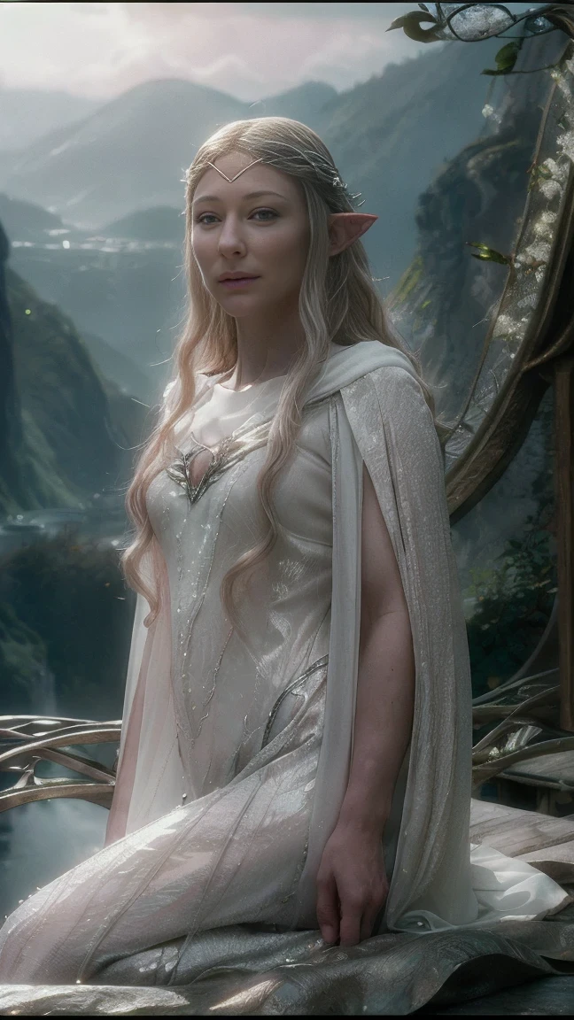 Galadriel elf, white wavy very long hair, cinematic, with Rivendale in the background, magical atmosphere, silver pollen, glow, glare