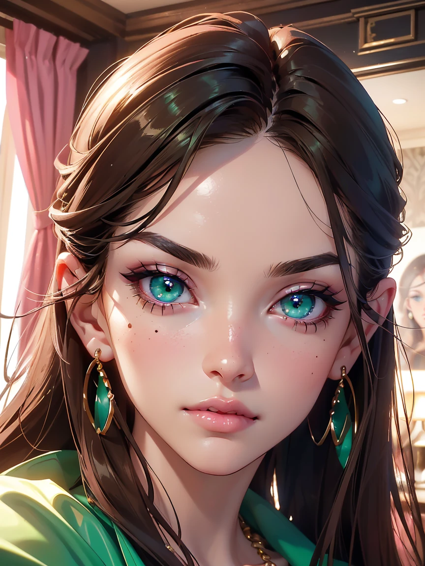 beautiful detailed eyes, beautiful detailed lips, extremely detailed eyes and face, long eyelashes,70 years old woman, woman, beautiful woman, long black waist-length hair, large green eyes, large breasts, nude, standing next to bed, (best quality,4k,8k,highres,masterpiece:1.2),ultra-detailed,(realistic,photorealistic,photo-realistic:1.37),portrait,realism,warm colors,dramatic lighting