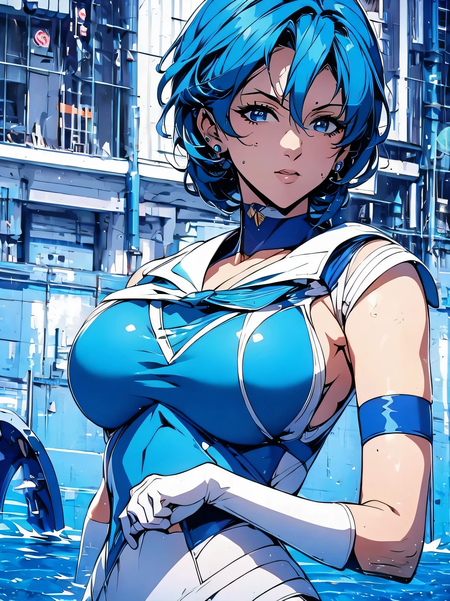 Sailor mercury in full police  suit,long blue hair,Blue Power Ranger, hurricane ,Sexy goth woman big breast, character sheet,inside a pool,High Resolution, Large breasts, cyber samurai,
￼