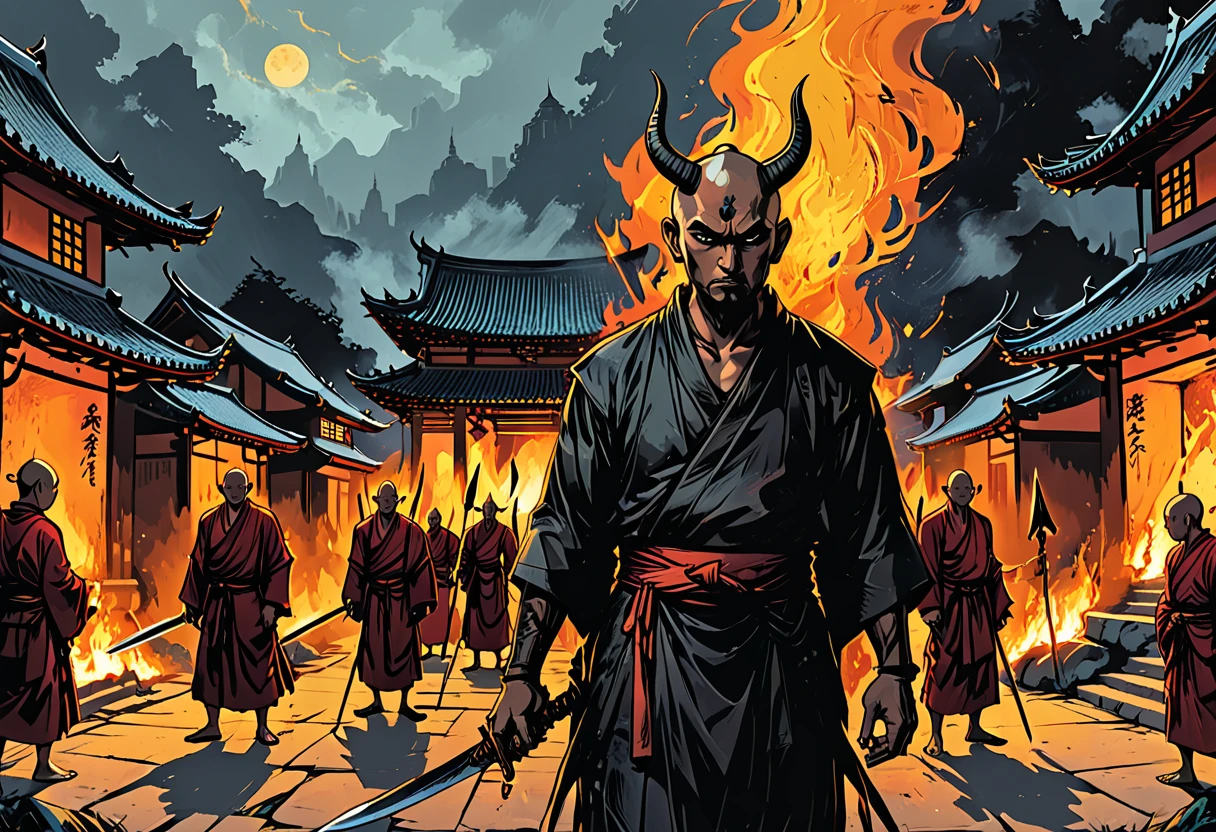 (graphic novel style, dark novel style, comic style, 2d:1.5), (hyperrealism, masterpiece:1.4), (colourful, soft cinematic light:1.1), incredibly lifelike, Extremely high-resolution details, 8k,
Many monks with stakes surrounded a black demon with horns, Buddhist monks with stakes, in the courtyard of a Buddhist temple, outside, ((night)), Angry monks in kashaya,weapons in hands, spears, swords, fire, fight,