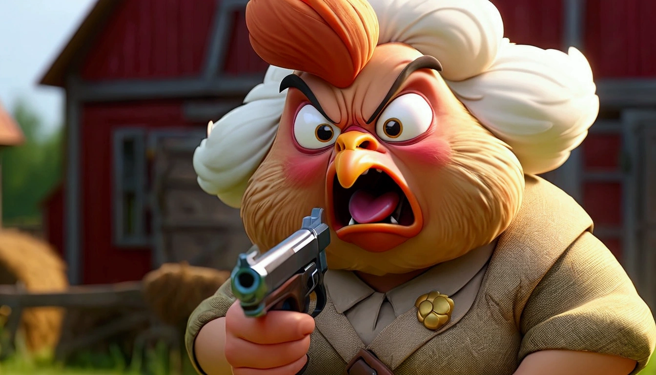 An angry hen with a pistol in its hand, the style is cartoon, hen is fat and with gold skin, it is on a farm, surrounded, Full HD, Best Quality