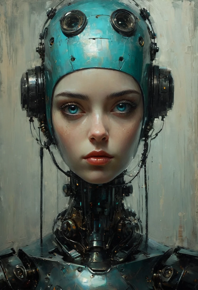 Full length view. Little funny robot, porcelain face and head, big turquoise eyes, perfect eyes, best quality. Beautiful cinematic impressionistic painting, Dark dramatic character, in the style of Jeremy Mann and Charles Dana Gibson, Mark Demsteader, Paul Hedley