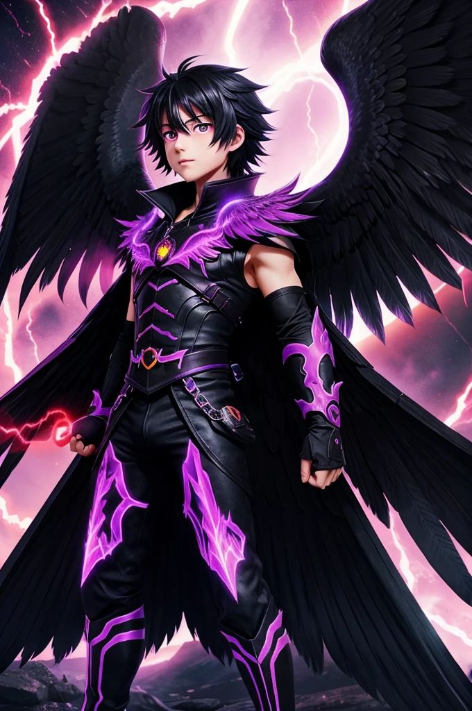 a black teenager with glowing purple eyes, wielding a katana accompanying a holy eagle