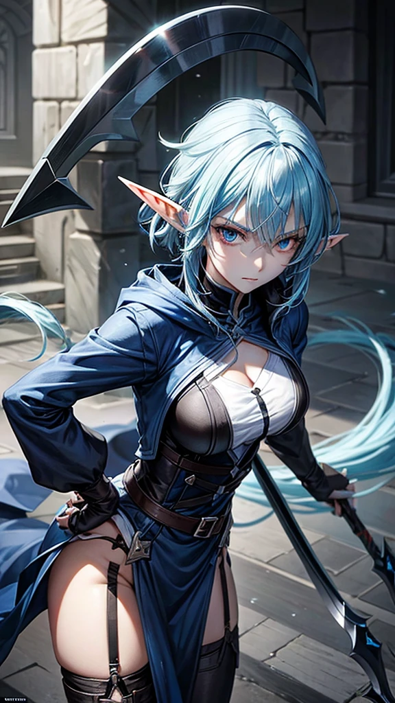 Assassin elf girl with slim appearance short light blue hair with serious personality with a murderous look and a little boluctuous with two scythes