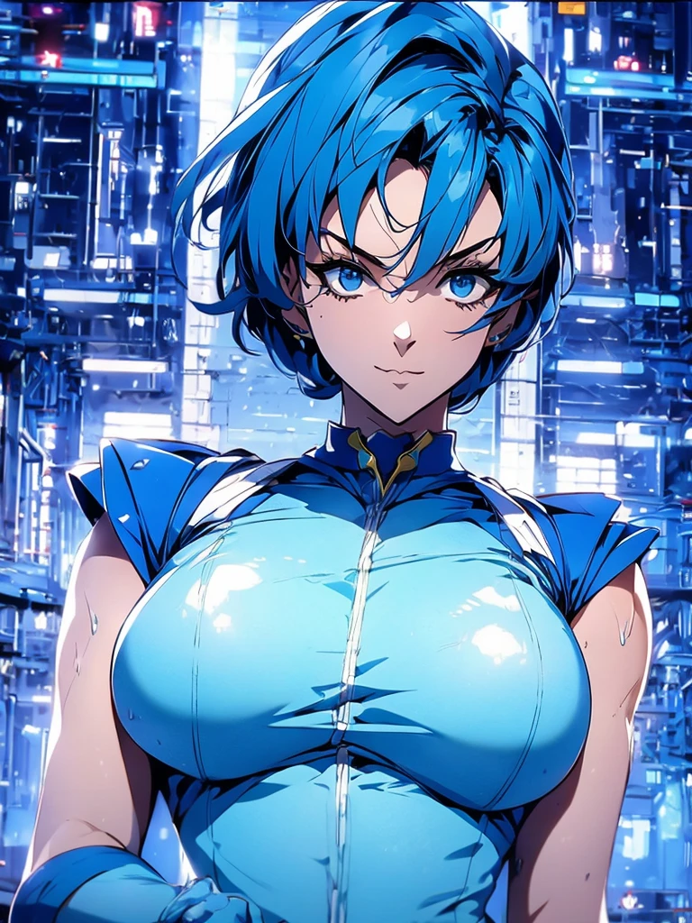 Sailor mercury in full police suit,long blue hair,Blue Power Ranger, hurricane ,Sexy goth woman big breast, character sheet,inside a pool,High Resolution, Large breasts, cyber samurai,
