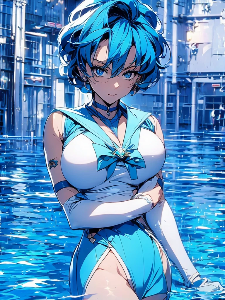 Sailor mercury in full police  suit,long blue hair,Blue Power Ranger, hurricane ,Sexy goth woman big breast, character sheet,inside a pool,High Resolution, Large breasts, cyber samurai,
￼