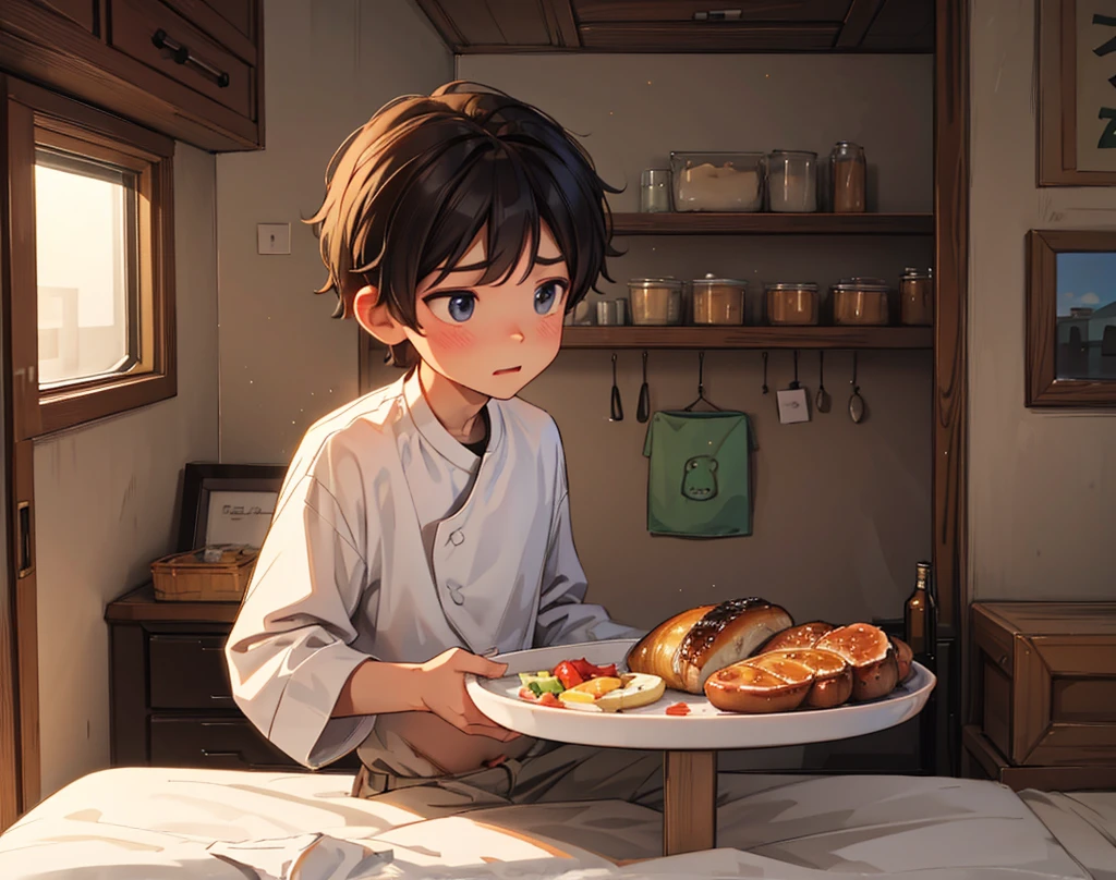 "Villager ( boy) feels hungry, holding his stomach and looking here there."