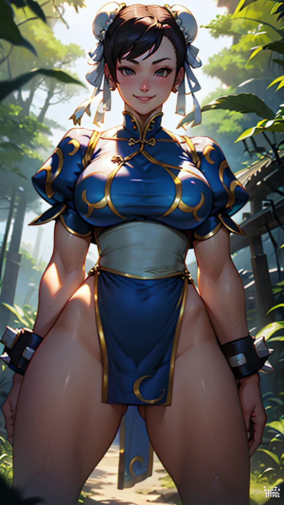 Chun li, showing big ass, half naked. Smiling, forest background. 