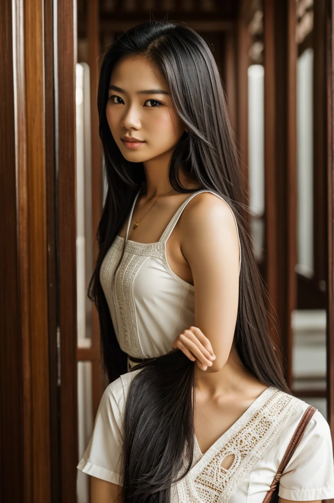 Thai literature, beautiful women, long hair, wearing a binder