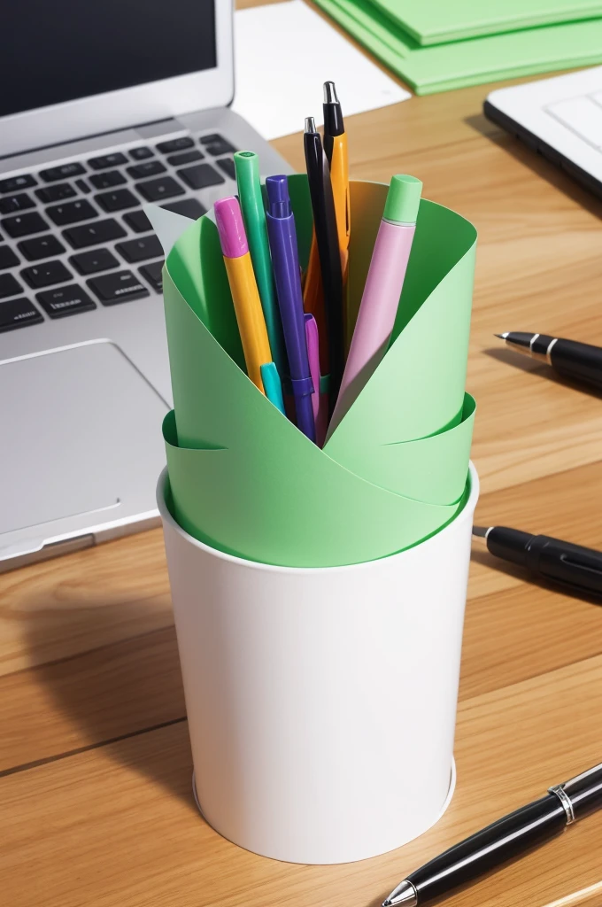 A cup-shaped paper pen holder that is biodegradable for use in schools, offices and by vegan people