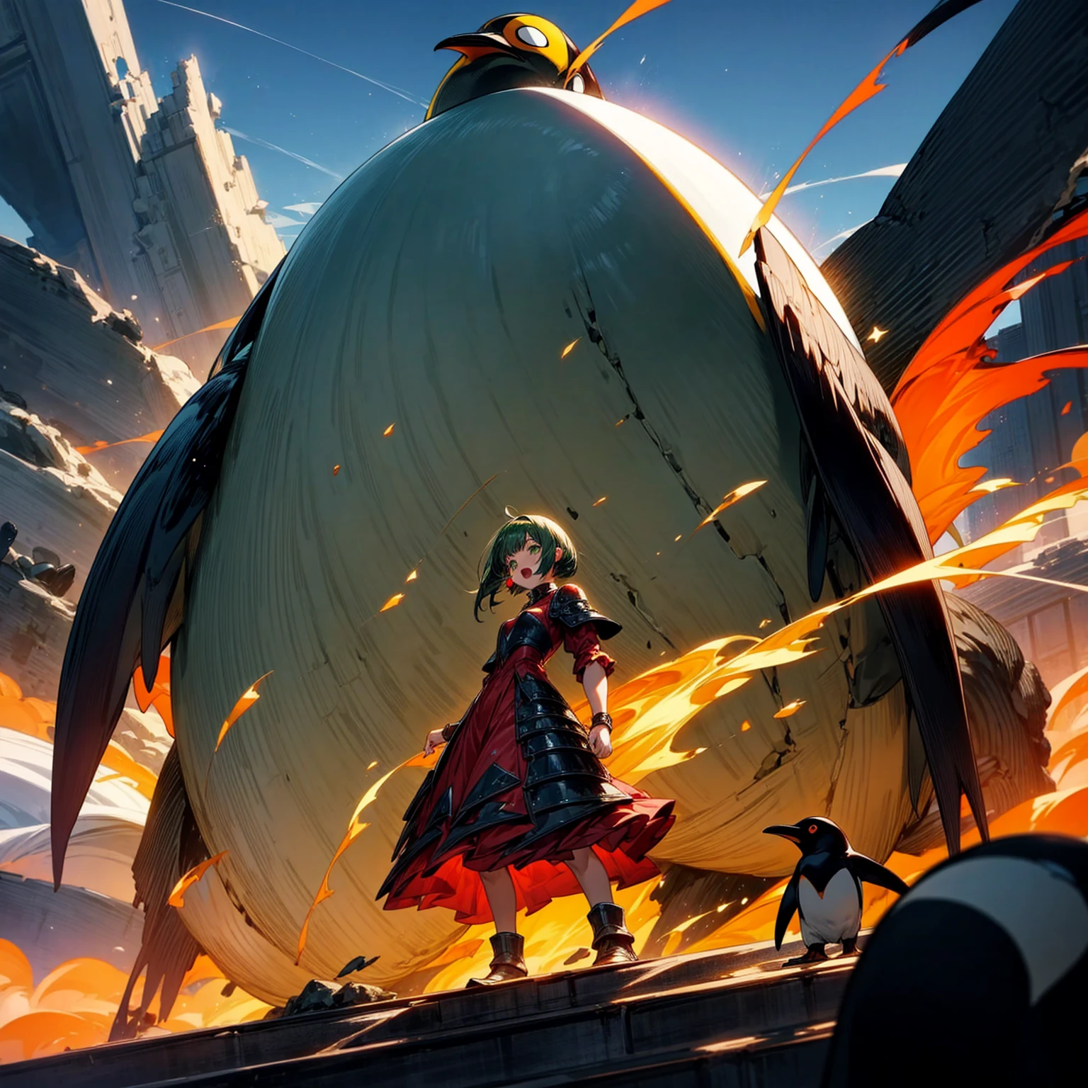 Full body version, one girl sat on his back largest one penguin, one girl has green hair, wavy bob hairstyle, green eyes, red earrings, long dress clothing style, red color clothes, Meanwhile, the penguin is very big, largest body, muscles, Metallic armor in body, wearing head armor, angry penguins, penguins destroy the city, open mouth emitting a large fire laser), (full background of destroyed city, fire, smoke effect, evening silhouette light, bright light from the penguin mouth)