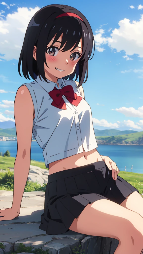 shinkai makoto, kimi no na wa., 1girl, bangs, black hair, blush, expressive eyes, brown eyes, perfect face, looking at the viewer, white shirt, exposed navel, bare shoulders, red headband, red bow, black skirt, short hair, solo, outdoors, shinny skin, smile, cute, grin, cloudy, blue sky, mountains, rocks, sitting, (masterpiece), best quality