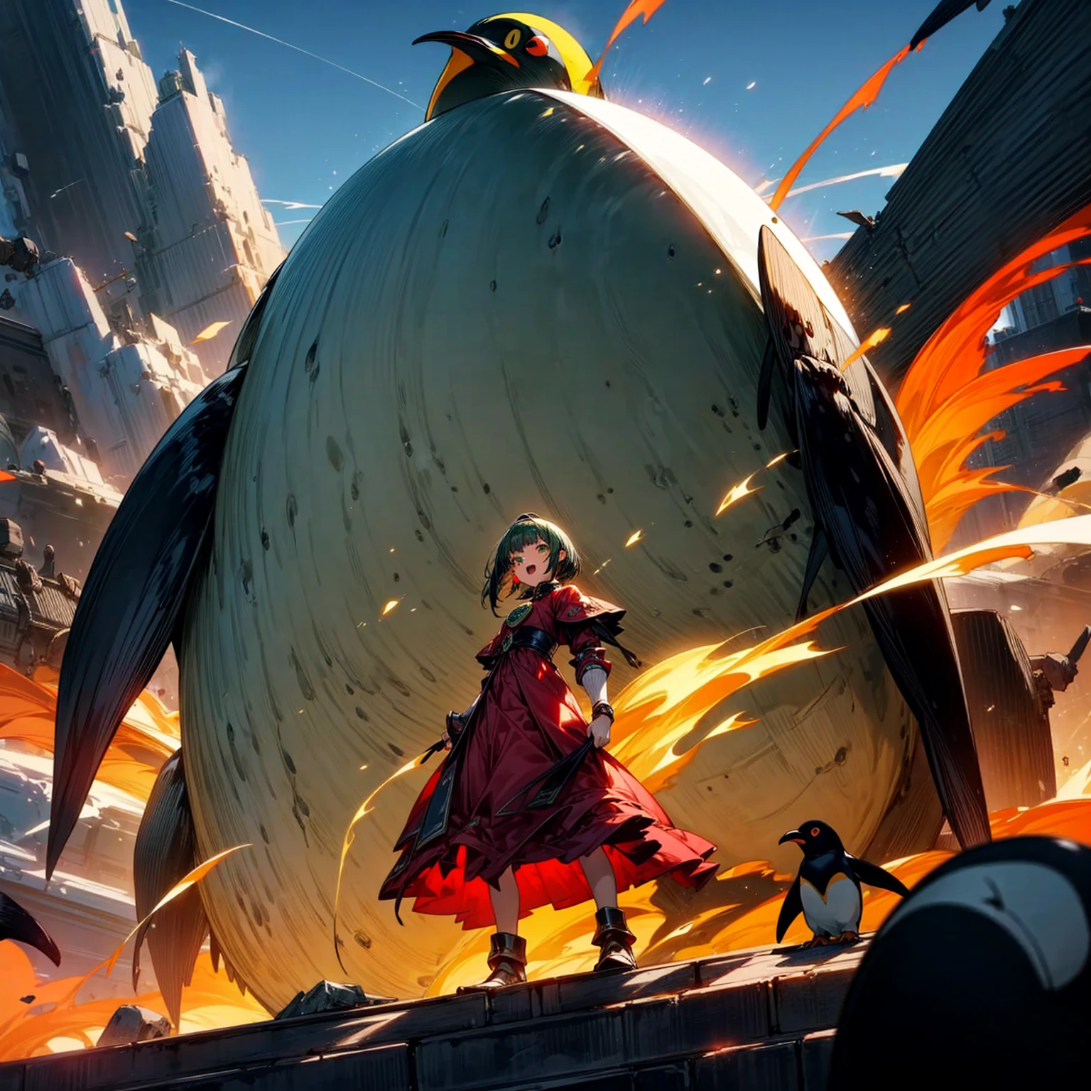 Full body version, one girl sat on his back largest one penguin, one girl has green hair, wavy bob hairstyle, green eyes, red earrings, long dress clothing style, red color clothes, Meanwhile, the penguin is very big, largest body, muscles, Metallic armor in body, wearing head armor, angry penguins, penguins destroy the city, open mouth emitting a large fire laser), (full background of destroyed city, fire, smoke effect, evening silhouette light, bright light from the penguin mouth)