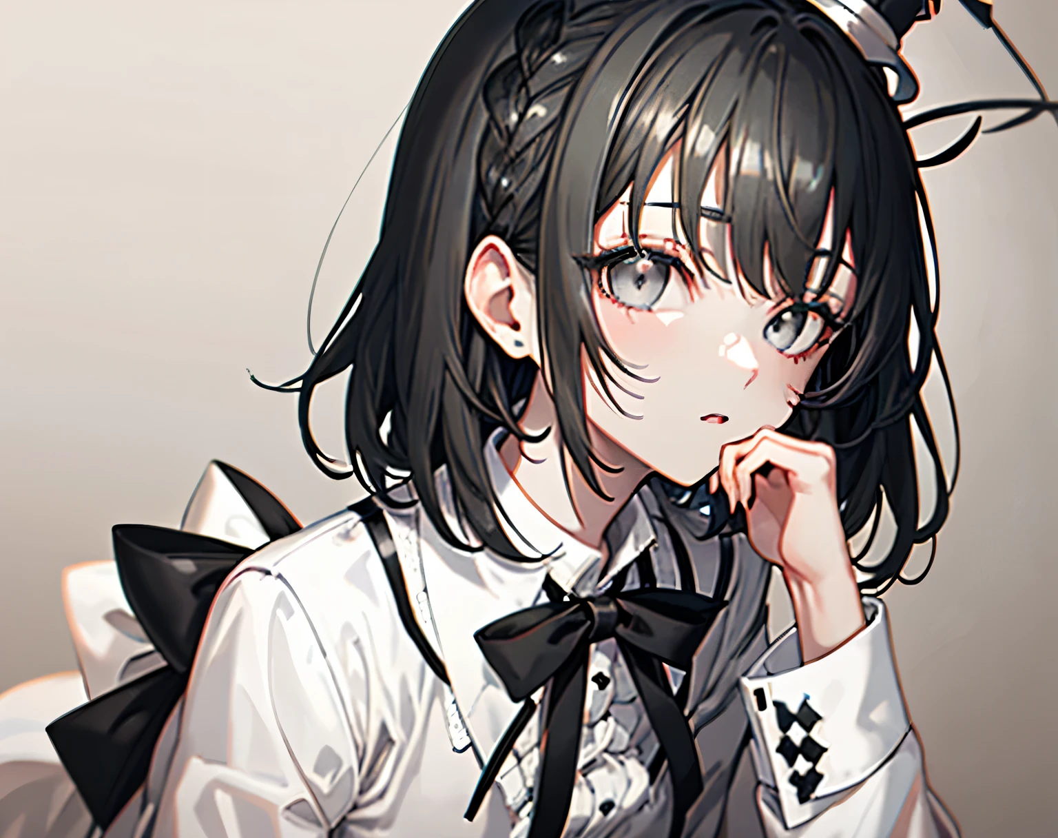 【Highest quality, Tabletop】 [girl, coat, Expressionless, Grey Eyes, Positive, Black short hair, suit, Upper Body、Black Hair] (Gray white background:1.7), Black tie, silk hat, Sexy Face, Beautiful Eyes、Black Hair、trimmed bangs、Black Hair