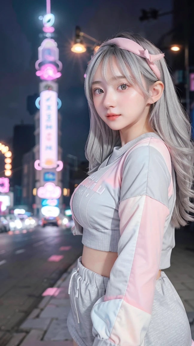 1 Girl, Beautiful, Baby Face, 20 Years Old, White Skin, Colossal Breasts, Sexy Pose, Pastel Colour Anime Outfit Coatumes, ((Pastel Colout Outfit)), ((Grey Eye)), Muscles, Bokeh, Chinese Street Background, Masterpiece, ((Night)), Pink Pastel Colour