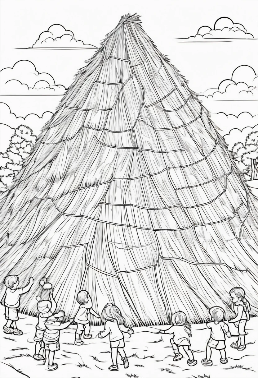 coloring page for kids, Large haystack with children playing, thick lines