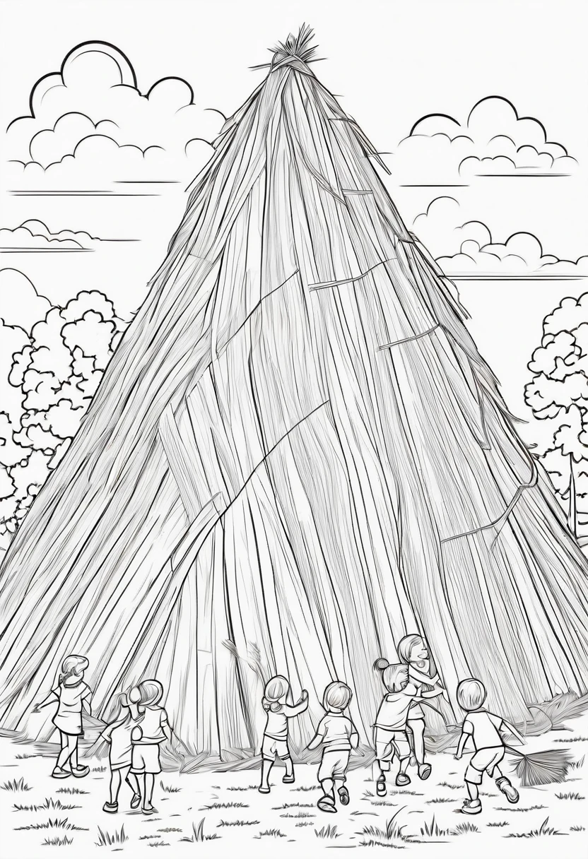 coloring page for kids, Large haystack with children playing, thick lines