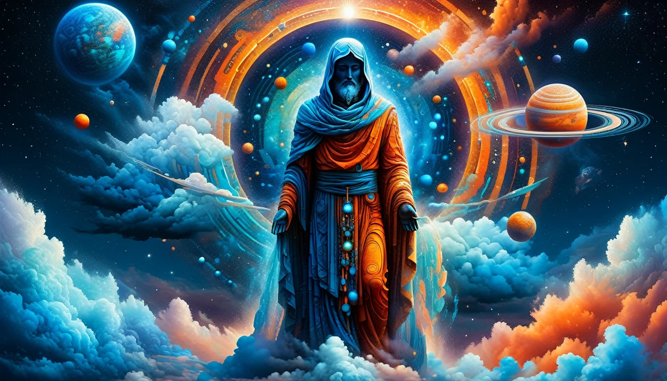 Create a woodcut style image digital art surreal art that depicts a mystical figure with divine characteristics, the figure is one chosen by the gods of spirituality,the figure is shrouded in clouds looking at the planets and ancestral signs, Use a vibrant color palette, including blue, oranges and whites, to create heavenly contrast and a stunning visual effect