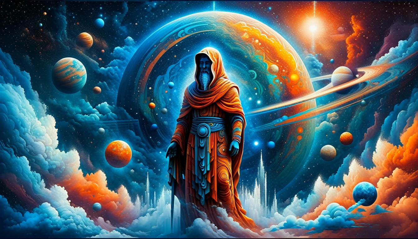 Create a woodcut style image digital art surreal art that depicts a mystical figure with divine characteristics, the figure is one chosen by the gods of spirituality,the figure is shrouded in clouds looking at the planets and ancestral signs, Use a vibrant color palette, including blue, oranges and whites, to create heavenly contrast and a stunning visual effect