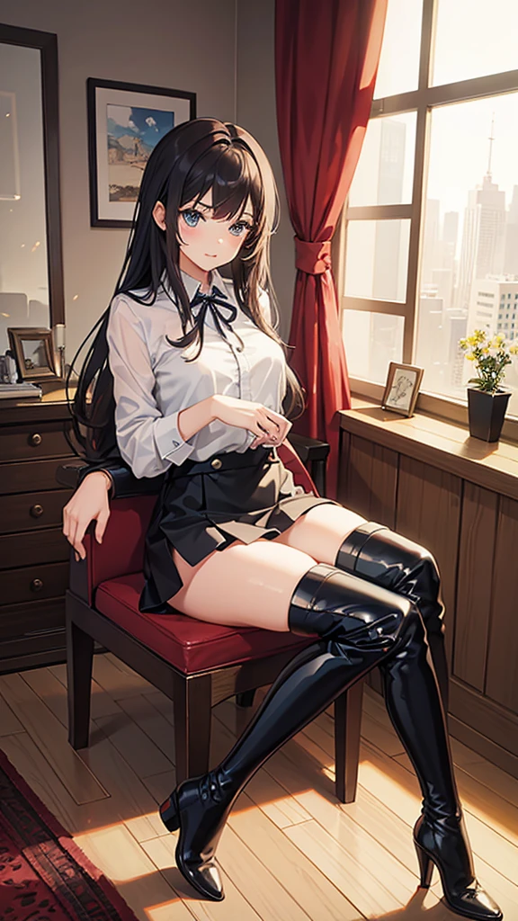 Girl in thigh-high boots, sitting in the room