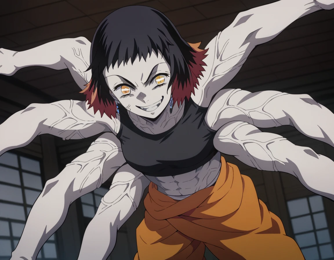 score_9, score_8_up, score_7_up, source_anime,
susamaru, susamaru, short hair, black hair, yellow eyes, red hair, multicolored hair, two-tone hair,
sports bra, black sports bra, bare arms, extra arms, muscular, muscular female,
indoors, dojo, smile, bent over,
solo, looking at viewer, cowboy shot, dutch angle,