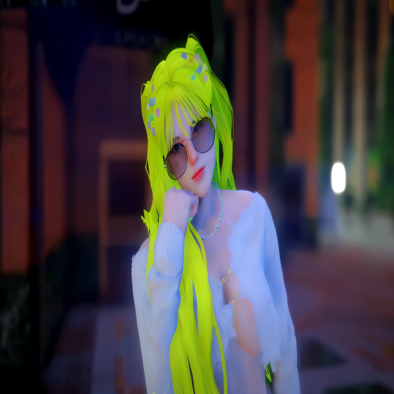 there is a woman with green hair and sunglasses posing for a picture, anime styled 3d, anime style. 8k, render of a cute 3d anime girl, neon hair, neon vibes, realistic artstyle, anime vibes, long glowing ethereal hair, realism artstyle, ( ( 3 d render ) ), realistic anime 3 d style