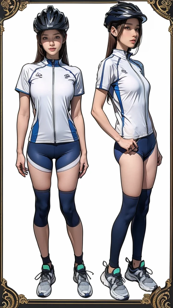 ((masterpiece)),(((Highest quality))),((Character design sheet)),Thin thighs,Long legs,Not a big deal ,Please wear cycling clothing and a cycling helmet