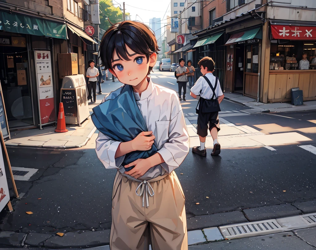 "On city streets Villager ( boy) feels hungry, holding his stomach and looking here there."