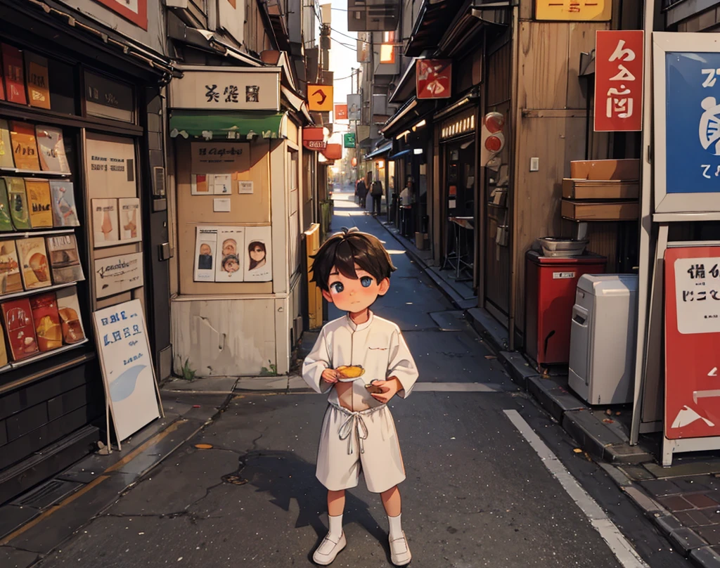 "On city streets Villager ( boy)  feels hungry, holding his stomach and looking here there."