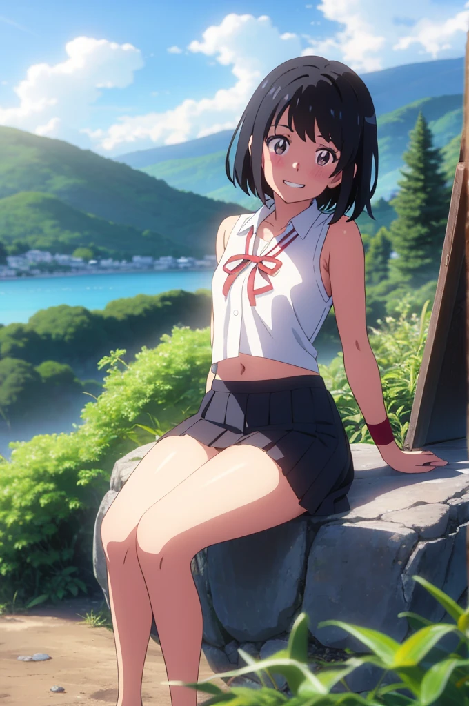 shinkai makoto, kimi no na wa., 1girl, bangs, black hair, blush, expressive eyes, brown eyes, perfect face, looking at the viewer, white shirt, exposed navel, bare shoulders, red headband, red bow, black skirt, short hair, solo, outdoors, shinny skin, smile, cute, grin, cloudy, blue sky, mountains, rocks, sitting, (masterpiece), best quality