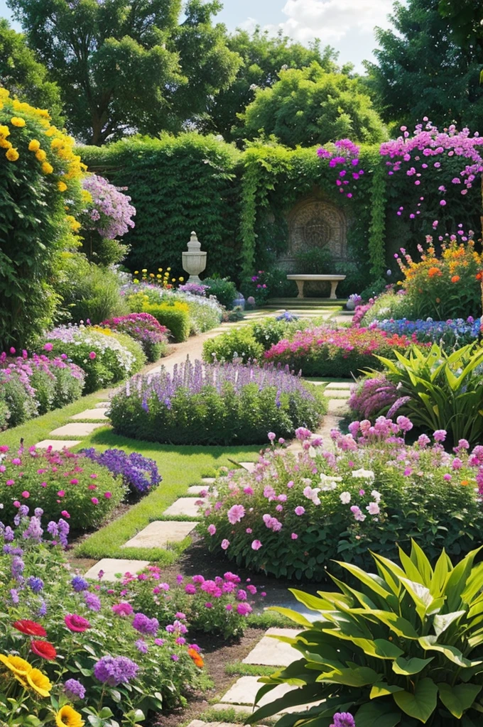 • Visual: Wide shot of a vibrant, colorful garden with various plants and flowers.