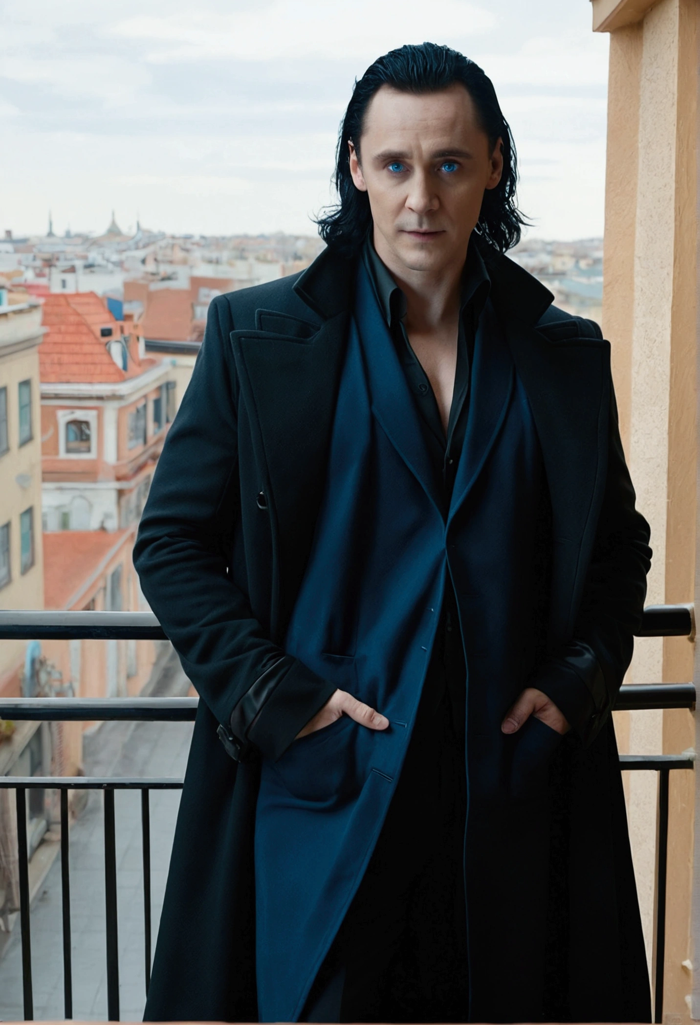 Loki, God of lies, medium black hair and blue eyes stands on a comfortable and luxurious balcony wearing only boxer briefs under a long black coat