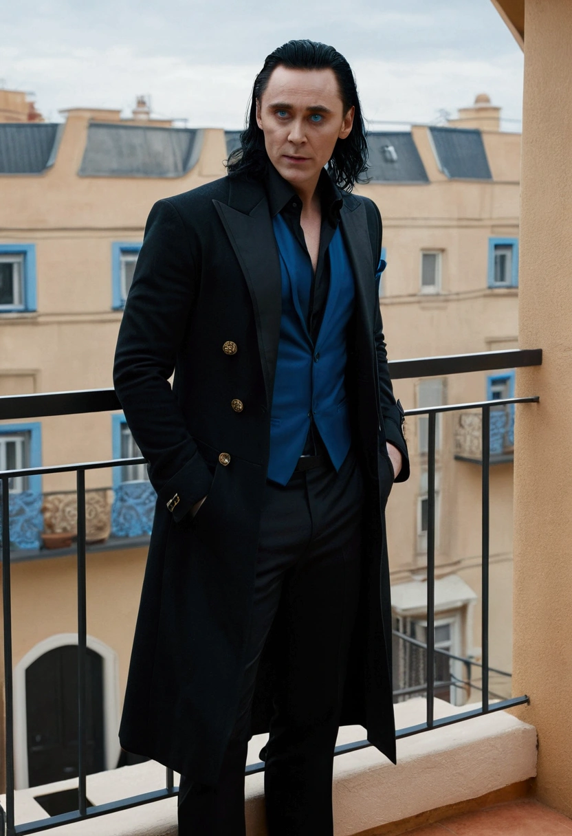 Loki, God of lies, medium black hair and blue eyes stands on a comfortable and luxurious balcony wearing only boxer briefs under a long black coat