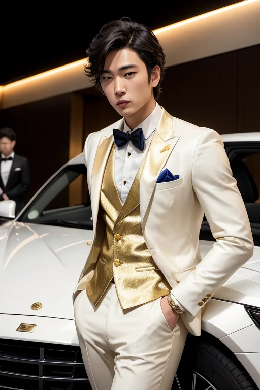 ((best qualityer)), 1 Asian boy, with a white suit with gold flower details, his suit jacket is a cropped, Her hair is light brown, and he is getting out of a luxurious car in front of an extremely luxurious place at night with several cameras pointing at him.
