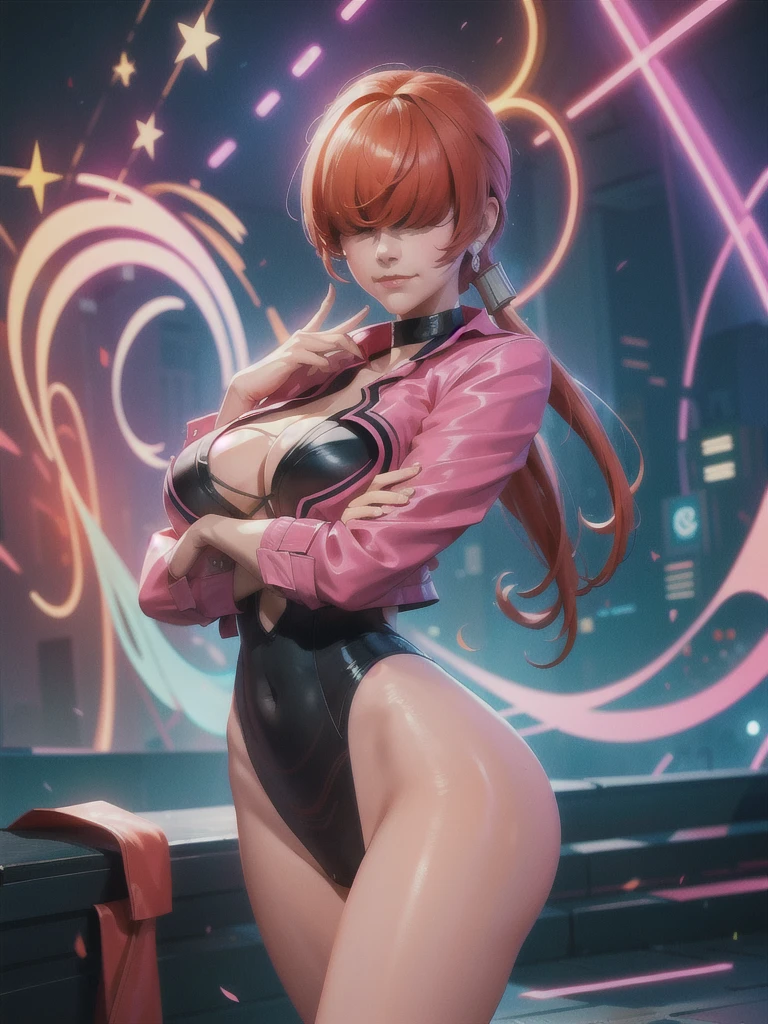 (at night), in a video game scene with a neon background and a neon light, standing at attention, pink suit, pink jacket, choker, neckline, cut of clothing, earrings, has long bangs in her hair that covers eyes ((hair over eyes)), 1 girl, 20 years old, young woman, beautiful finger, beautiful long legs, beautiful body, beautiful nose, beautiful character design, perfect face, looking at the viewer (focusing on her face) , closed mouth, Light_Smile, official art, extremely detailed CG unity 8k wallpaper, perfect lighting, bright and colorful front lighting, glowing skin, (masterpiece: 1.0), (best_quality: 1.0), ultra high resolution, 4K, photography ultra detailed, 8K, HDR, high resolution, absurdities:1.2, Kodak portra 400, film grain, blurred background, bokeh:1.2, lens flare, (vibrant_color:1.2), professional photography, (Beautiful, breasts: 1.4), (beautiful_face: 1.5 ), (narrow waist),