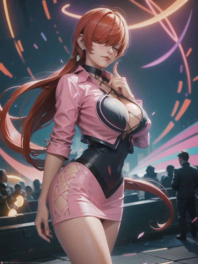 (at night), in a video game scene with a neon background and a neon light, standing at attention, pink suit, pink jacket, choker, neckline, cut of clothing, earrings, has long bangs in her hair that covers eyes ((hair over eyes)), 1 girl, 20 years old, young woman, beautiful finger, beautiful long legs, beautiful body, beautiful nose, beautiful character design, perfect face, looking at the viewer (focusing on her face) , closed mouth, Light_Smile, official art, extremely detailed CG unity 8k wallpaper, perfect lighting, bright and colorful front lighting, glowing skin, (masterpiece: 1.0), (best_quality: 1.0), ultra high resolution, 4K, photography ultra detailed, 8K, HDR, high resolution, absurdities:1.2, Kodak portra 400, film grain, blurred background, bokeh:1.2, lens flare, (vibrant_color:1.2), professional photography, (Beautiful, breasts: 1.4), (beautiful_face: 1.5 ), (narrow waist),
