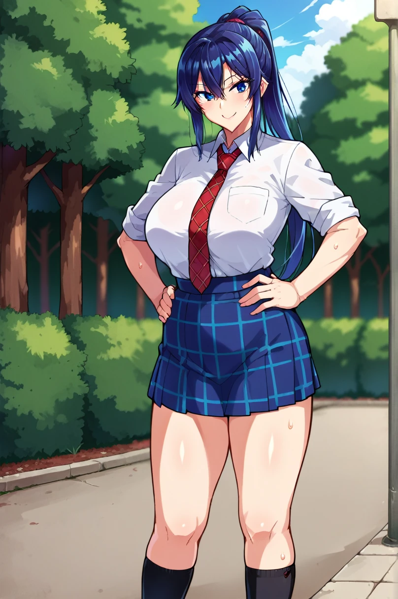 score_9,score_8_superior,score_7_superior,score_6_superior, takeda hiromitsu style,One girl, chest, skirt, Knee socks, alone, blue eyes, tie, , Long Hair, Blue Hair, ponytail, huge chest, shirt, tented shirt, Plaid, Outdoor, Plaid skirt, smile, Hands on hips, View your viewers, blue skirt, Side Lock, high ponytail, Thighs, null, wood