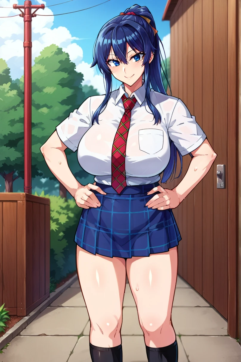 score_9,score_8_superior,score_7_superior,score_6_superior, takeda hiromitsu style,One girl, chest, skirt, Knee socks, alone, blue eyes, tie, , Long Hair, Blue Hair, ponytail, huge chest, shirt, tented shirt, Plaid, Outdoor, Plaid skirt, smile, Hands on hips, View your viewers, blue skirt, Side Lock, high ponytail, Thighs, null, wood