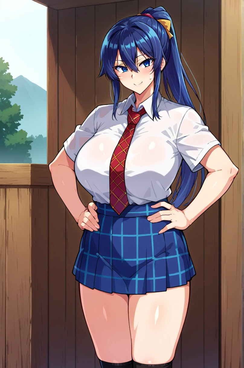 score_9,score_8_superior,score_7_superior,score_6_superior, takeda hiromitsu style,One girl, chest, skirt, Knee socks, alone, blue eyes, tie, , Long Hair, Blue Hair, ponytail, huge chest, shirt, tented shirt, Plaid, Outdoor, Plaid skirt, smile, Hands on hips, View your viewers, blue skirt, Side Lock, high ponytail, Thighs, null, wood