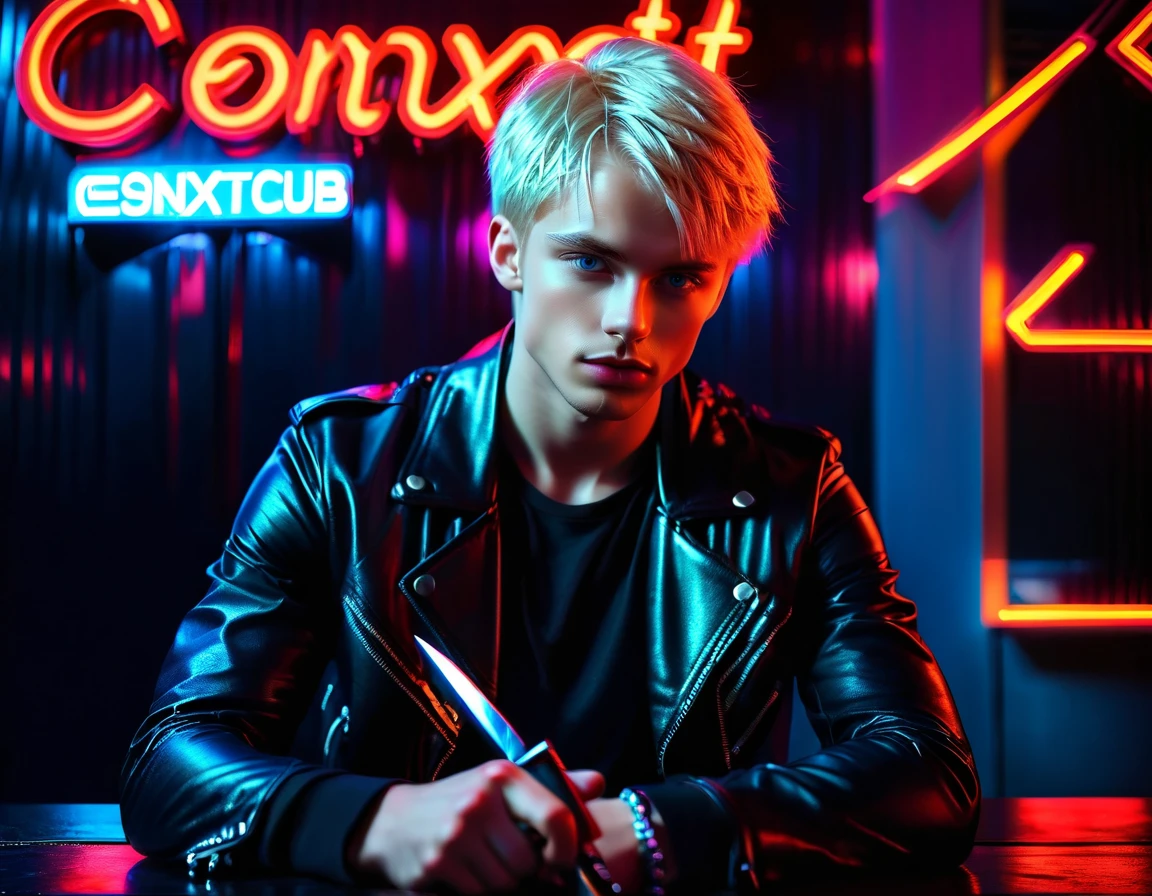 Hyper realistic, dark vibes, solo, young male model, round face, 22 years, pale skin, blue eyes, (short cropped textured blond hair:1.1), tussled side swept fringe, black leather jacket, (holding knife:1.1), dark lighting, in luxury night club room, (smirk:1.1), (red neon sign in background that says "CONTEXT":1.1)