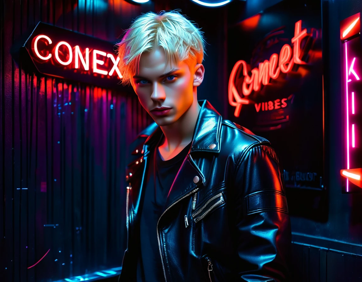 Hyper realistic, dark vibes, solo, young male model, round face, 22 years, pale skin, blue eyes, (short cropped textured blond hair:1.1), tussled side swept fringe, black leather jacket, (holding knife:1.1), dark lighting, in luxury night club room, (smirk:1.1), (red neon sign in background that says "CONTEXT":1.1)