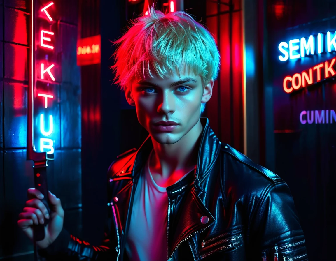 Hyper realistic, dark vibes, solo, young male model, round face, 22 years, pale skin, blue eyes, (short cropped textured blond hair:1.1), tussled side swept fringe, black leather jacket, (holding knife:1.1), dark lighting, in luxury night club room, (smirk:1.1), (red neon sign in background that says "CONTEXT":1.1)